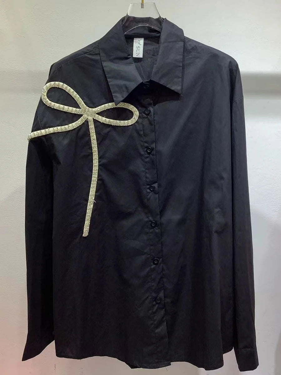 Solid Spliced Diamonds Loose Blouses For Women Lapel Long Sleeve Loose Casual Temperament Shirt Female Fashion New