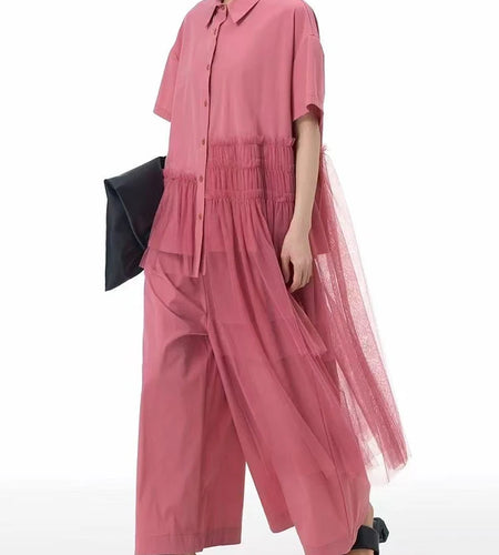 Women Black Mesh Irregular Big Size Long Blouse New Lapel Short Sleeve Shirt Fashion Tide Spring Summer 2025 1DJ1206