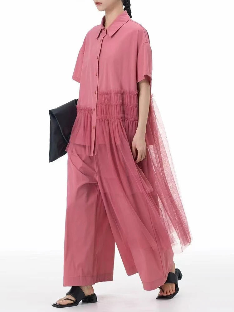 Women Black Mesh Irregular Big Size Long Blouse New Lapel Short Sleeve Shirt Fashion Tide Spring Summer 2025 1DJ1206