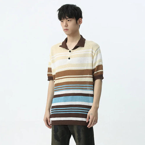 Load image into Gallery viewer, T-shirt Stripe Knitted Contrast Color Short Sleeve Male Clothing Casual Lapel Single Breasted Pullover Men&#39;s Top 9C5379
