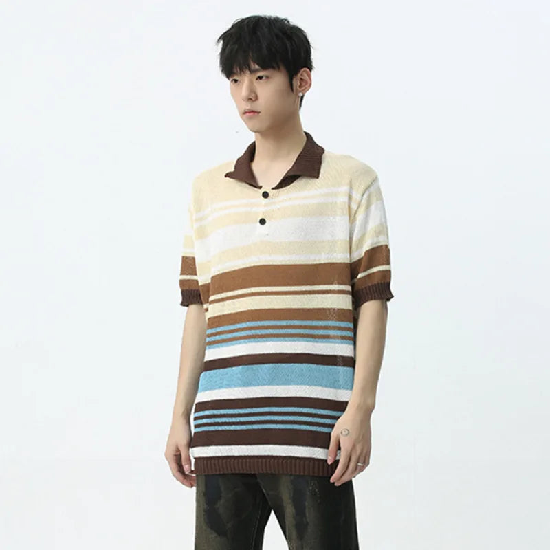 T-shirt Stripe Knitted Contrast Color Short Sleeve Male Clothing Casual Lapel Single Breasted Pullover Men's Top 9C5379