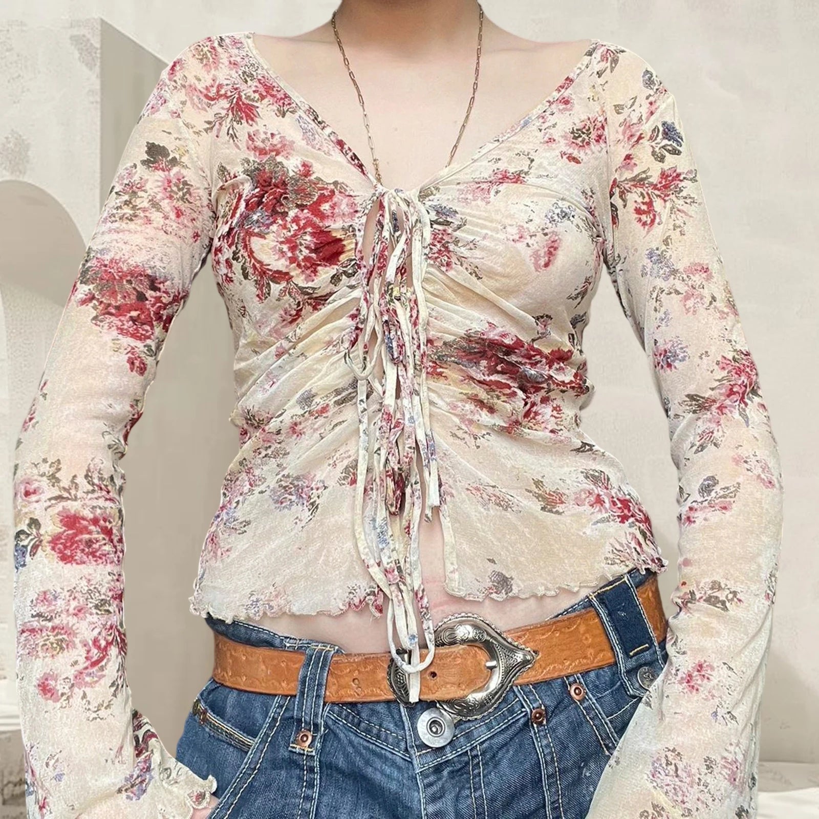 Fairy Grunge Top y2k Women Retro Floral Print Tie-up Front V Neck Long Sleeve Ruffle T Shirt 2000s Clothing Streetwear