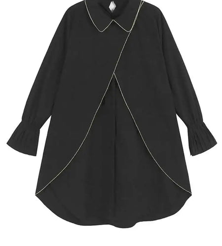 Women Black Color-block Irreuglar Pleat Big Size Shirt Dress New Lapel Long Sleeve Fashion Tide Spring Autumn 2025 1DH9804