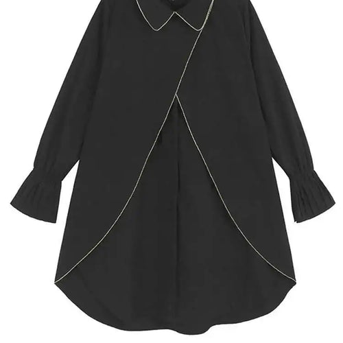 Load image into Gallery viewer, Women Black Color-block Irreuglar Pleat Big Size Shirt Dress New Lapel Long Sleeve Fashion Tide Spring Autumn 2025 1DH9804
