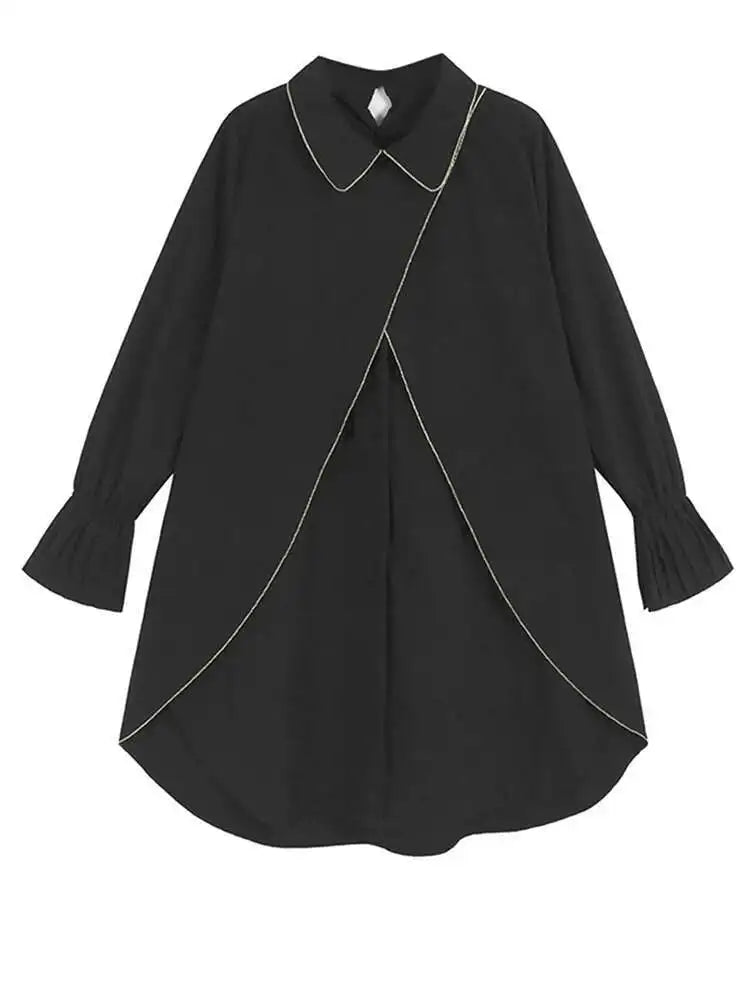 Women Black Color-block Irreuglar Pleat Big Size Shirt Dress New Lapel Long Sleeve Fashion Tide Spring Autumn 2025 1DH9804