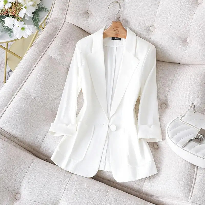 Black White Blazer Tops For Women Chic Elegant Ladies Green Seven-point Sleeve Jacket Spring Summer New 2024 Suit  Fashion Trend