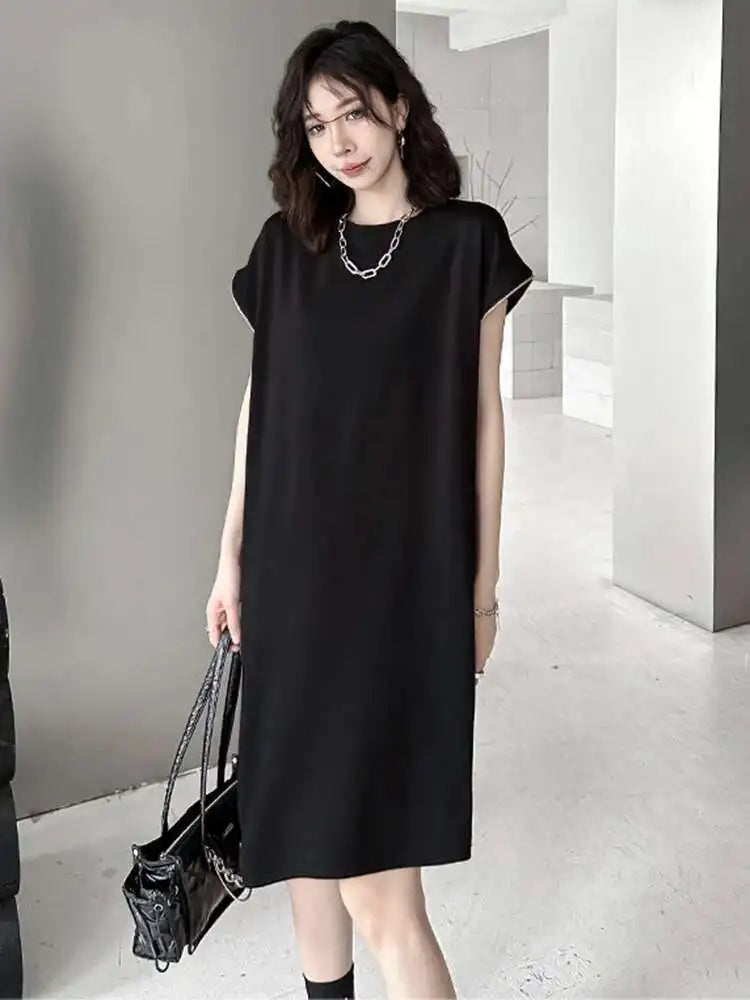Women Black Zipper Big Size Casual Dress New Round Neck Short Sleeve Loose Fit Fashion Tide Spring Summer 2025 1DF7865
