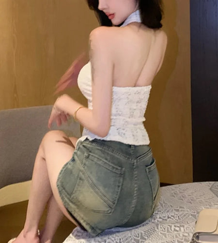 Coquette Halter Top y2k Clothes Women See Through Sleeveless Backless T Shirt Vest 2000s Aesthetic Clothing Streetwear