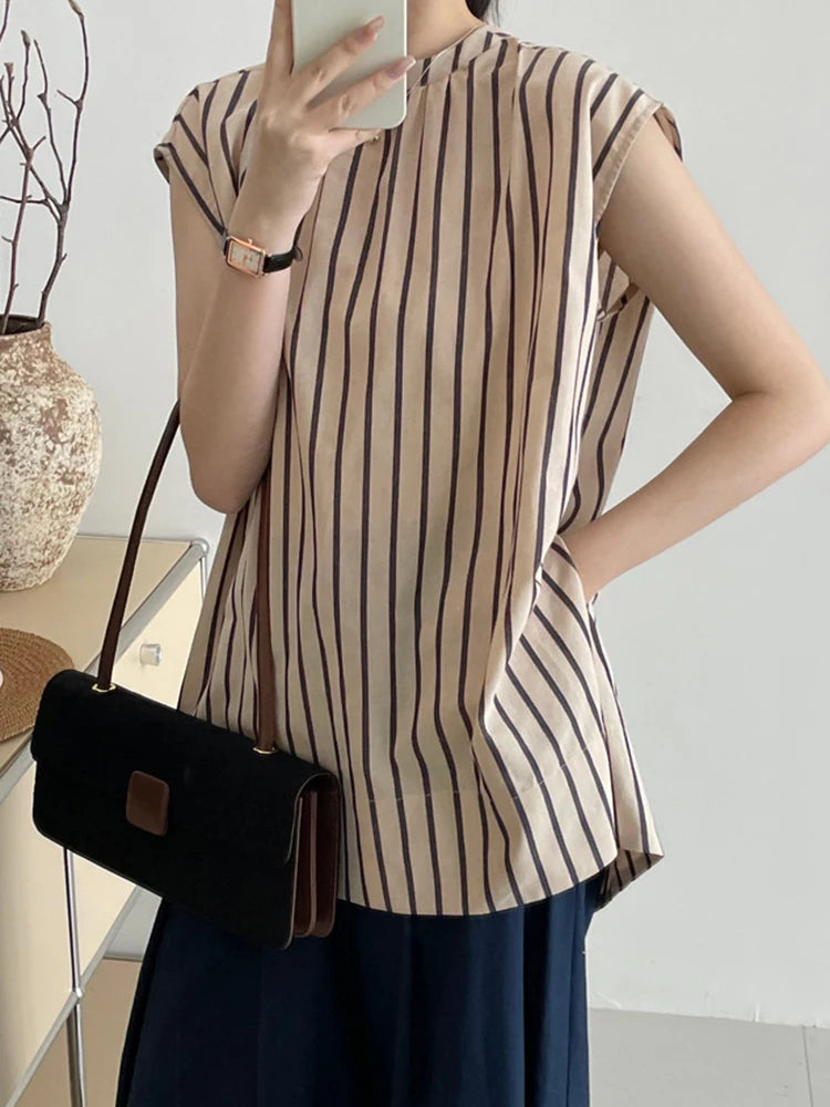 Women Black Striped Big Size Elegant Blouse New Stand Collar Sleeveless Shirt Fashion Tide Spring Summer  2025 1DJ1185
