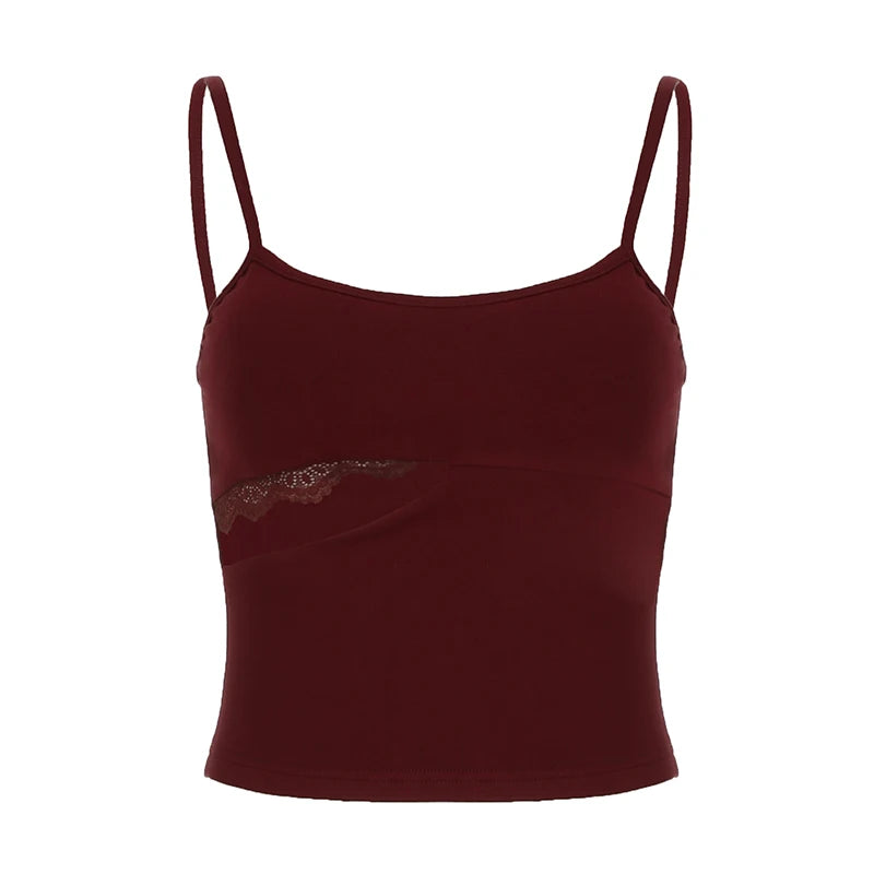 Chic Side Hollow Lace Patchwork Camis Women Hottie Summer Mini Skinny Cropped Tops Fashion Solid Spaghetti Strap Y2K