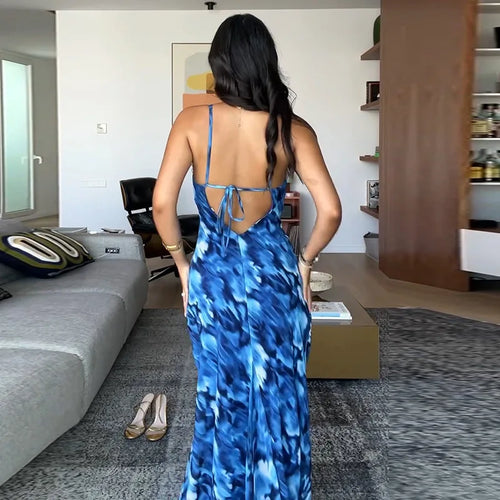 Load image into Gallery viewer, Halter Backless Print Sexy Maxi Dress For Women Gown Elegant Blue Printed Lace-up Sleeveless Evening Long Dress
