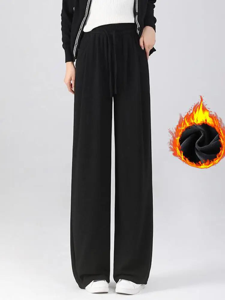 Winter Women Solid Velvet High Waist Drawstring Pant Korean Fashion Versatile Wide Leg Trousers Casual Thick New 2024 Trend Chic