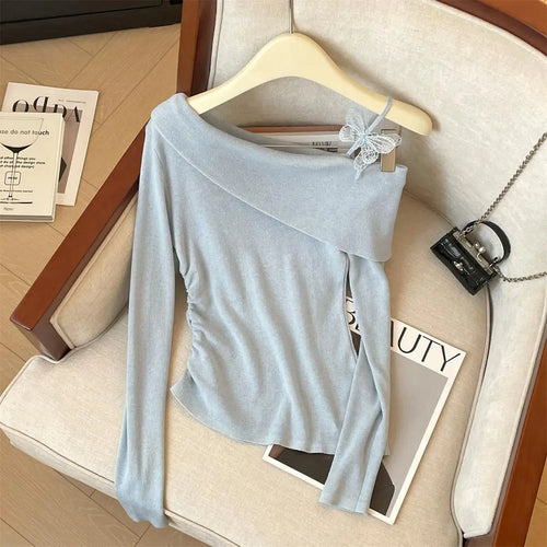 Load image into Gallery viewer, Spring Elegant Blue Pink Long Sleeve Versatile Slim Pullover Tops Fashion Women's Off Shoulder Pleated Knit Sweater Simplicity
