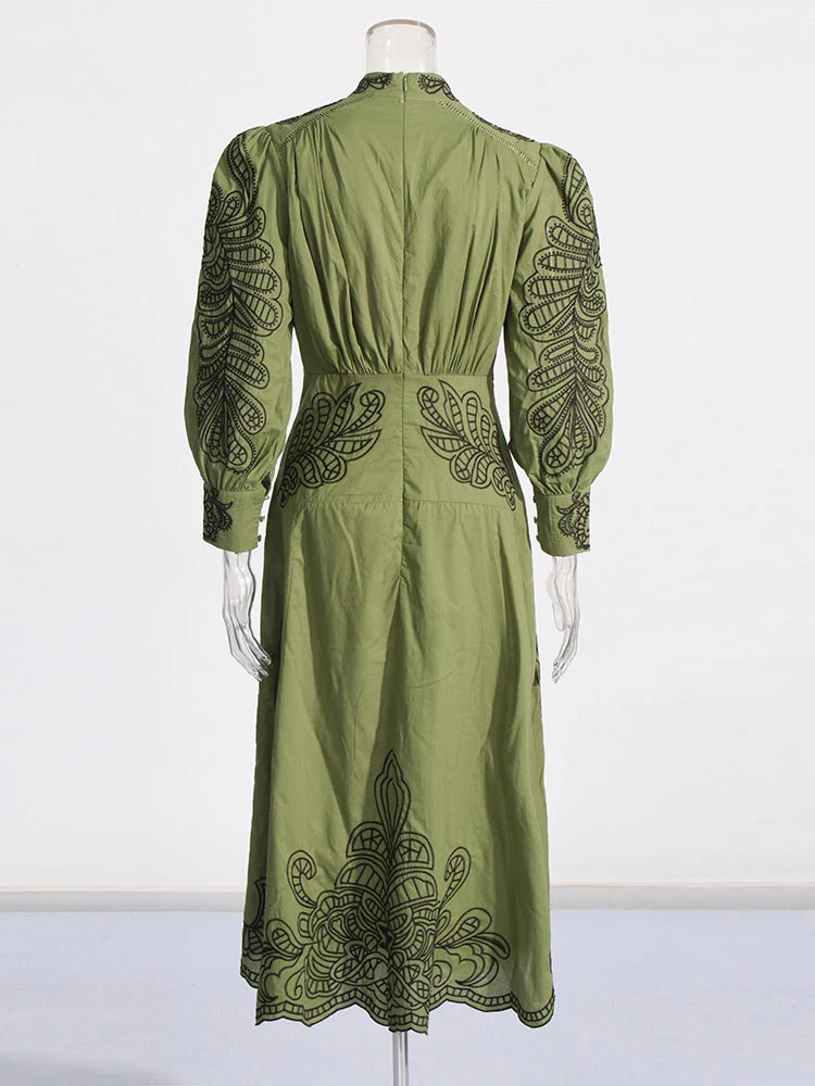 Colorblock Embroidery Elegant Dresses For Women Stand Collar Lantern Sleeve High Waist Temperament Tunic Dress Female New