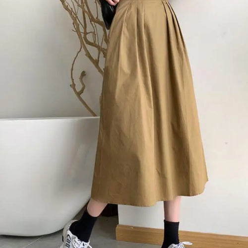 Load image into Gallery viewer, Spring Summer Women Solid Pockets Skirts Vintage High Waist Elastic Chic Long Cake A-line Versatile Mid Length Skirt For Student
