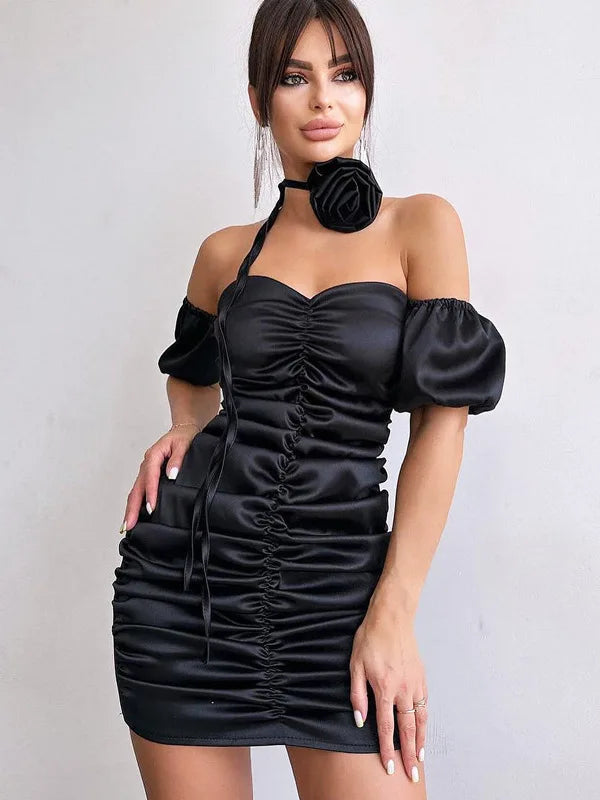 Sexy Sleeveless Satin Pleated Dress For Women's Summer 2024 New Floral Strapless Slim Fitting Dress Party Evening Dress