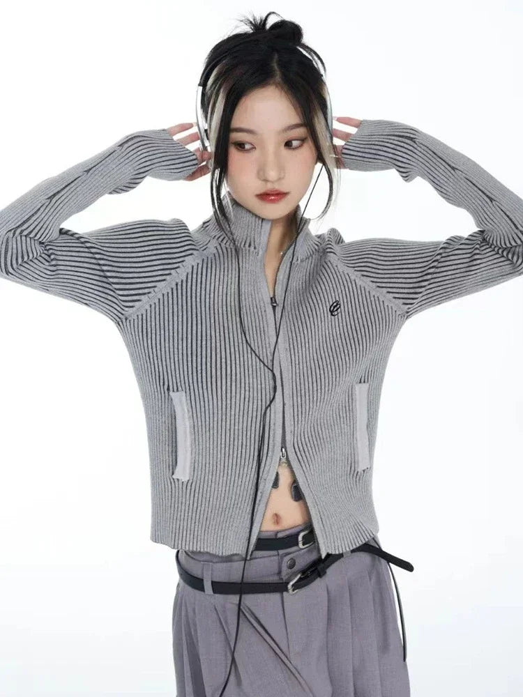 Vintage Zipper Cardigan Women Embroidery Y2k Aesthetic Grunge Sweater Jackets Female Harajuku Slim Knitted Coats Femme