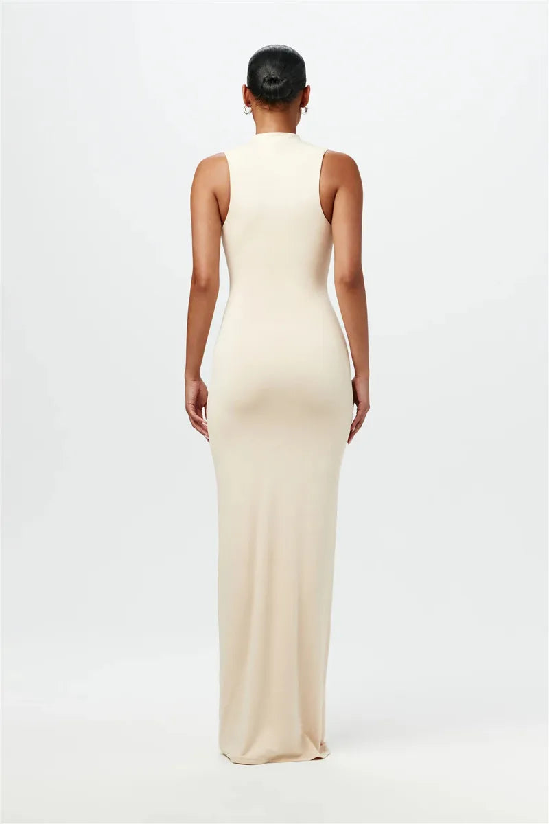 Half High Collar Irregular Tank Dress For Women 2024 New Fashion Sleeveless Bodycon Ruched Sexy Long Dress Elegant