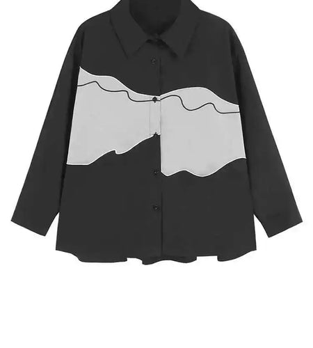 Women Black White Color-block Big Size Casual Blouse New Lapel Long Sleeve Shirt Fashion Tide Spring Autumn 2025 1DH6909