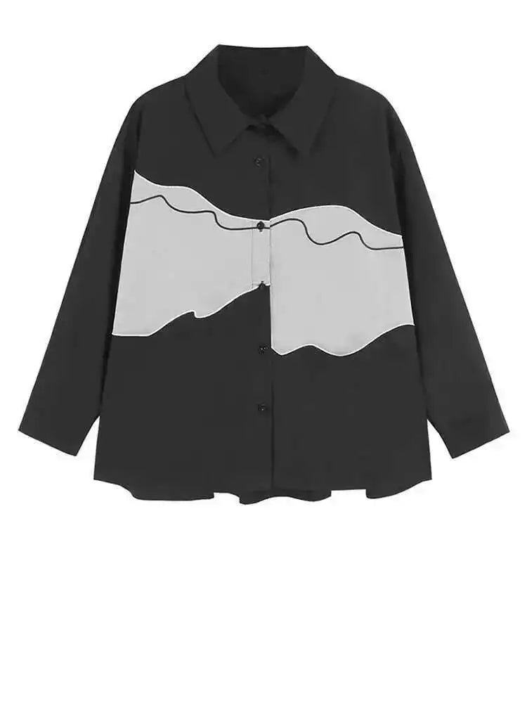 Women Black White Color-block Big Size Casual Blouse New Lapel Long Sleeve Shirt Fashion Tide Spring Autumn 2025 1DH6909