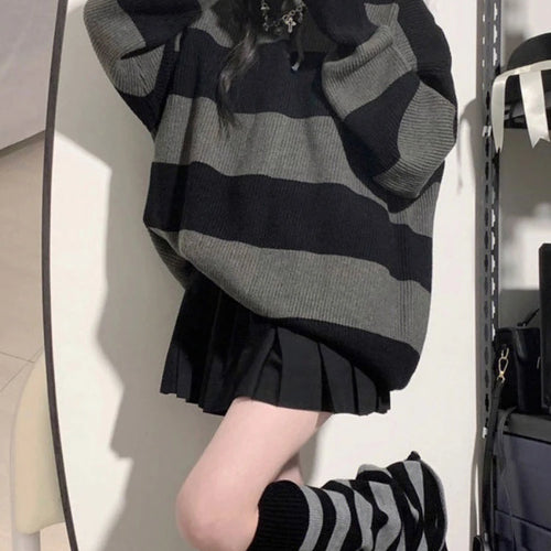 Load image into Gallery viewer, 2025 Vintage Autumn Fashion Black Striped Pullovers Women Knitted Oversized Hooded Sweaters Y2k Aesthetic Loose Grunge Jumpers
