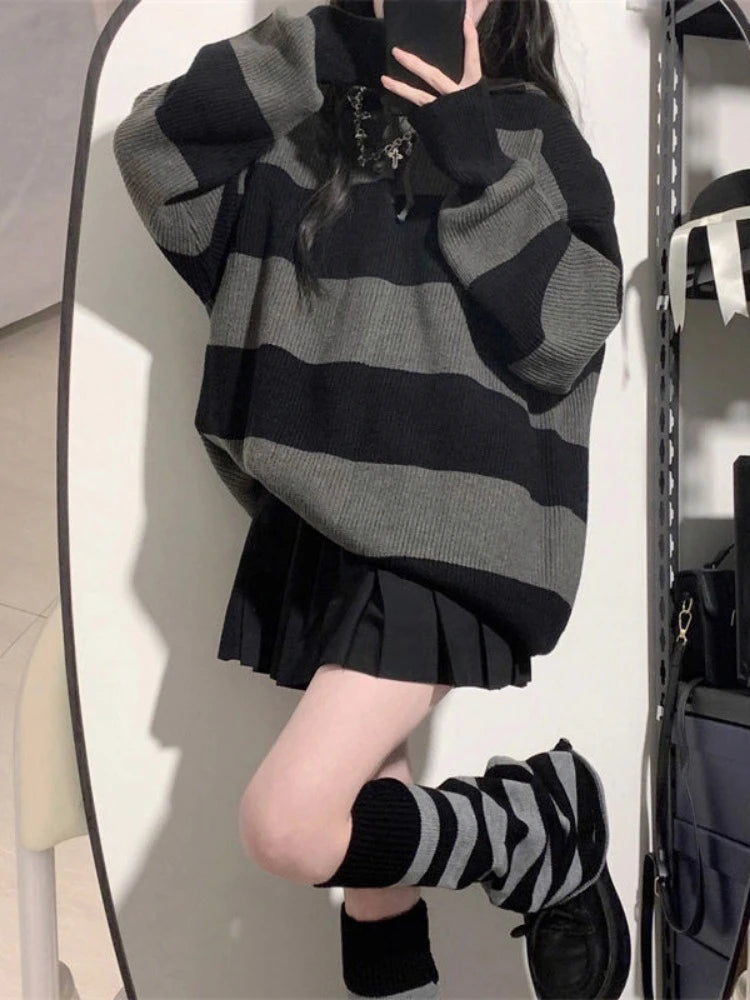 2025 Vintage Autumn Fashion Black Striped Pullovers Women Knitted Oversized Hooded Sweaters Y2k Aesthetic Loose Grunge Jumpers