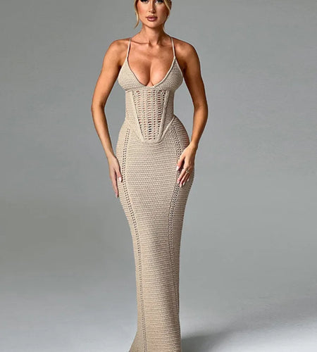 Hollow Out Backless Knit Dress For Women Spaghetti Strap Bandage Sleeveless Bodycon Club Party Sexy Long Dress Elegant