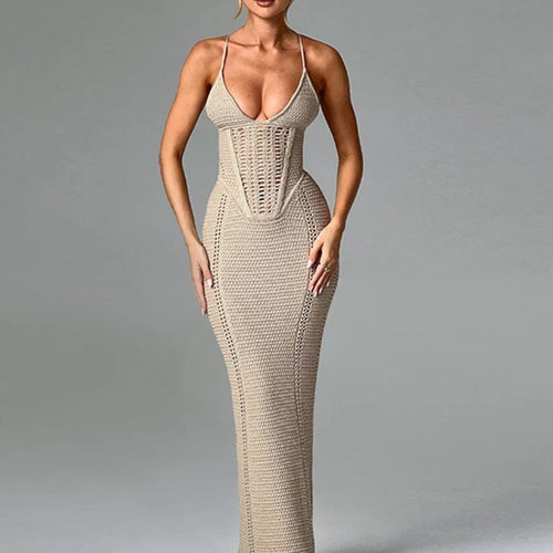 Load image into Gallery viewer, Hollow Out Backless Knit Dress For Women Spaghetti Strap Bandage Sleeveless Bodycon Club Party Sexy Long Dress Elegant
