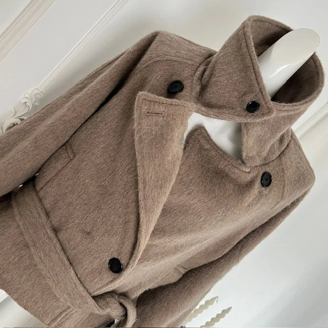 Korean Brown Vacation Loose Short Woolen Coat Women 2024 Autumn Winter Fashion Button Bandage Jacket Streetwear Casual Popular