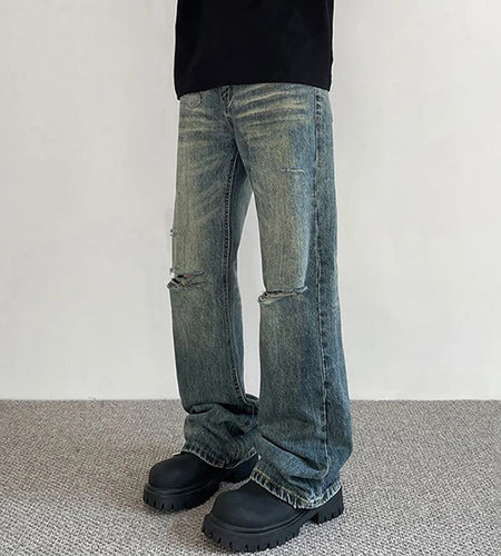 Summer Male Hole Jeans New American High Street Denim Pants Trendy Straight Micro Flared Trousers Make Old Design 9W1424