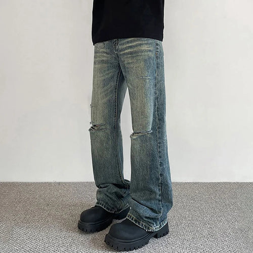 Load image into Gallery viewer, Summer Male Hole Jeans New American High Street Denim Pants Trendy Straight Micro Flared Trousers Make Old Design 9W1424
