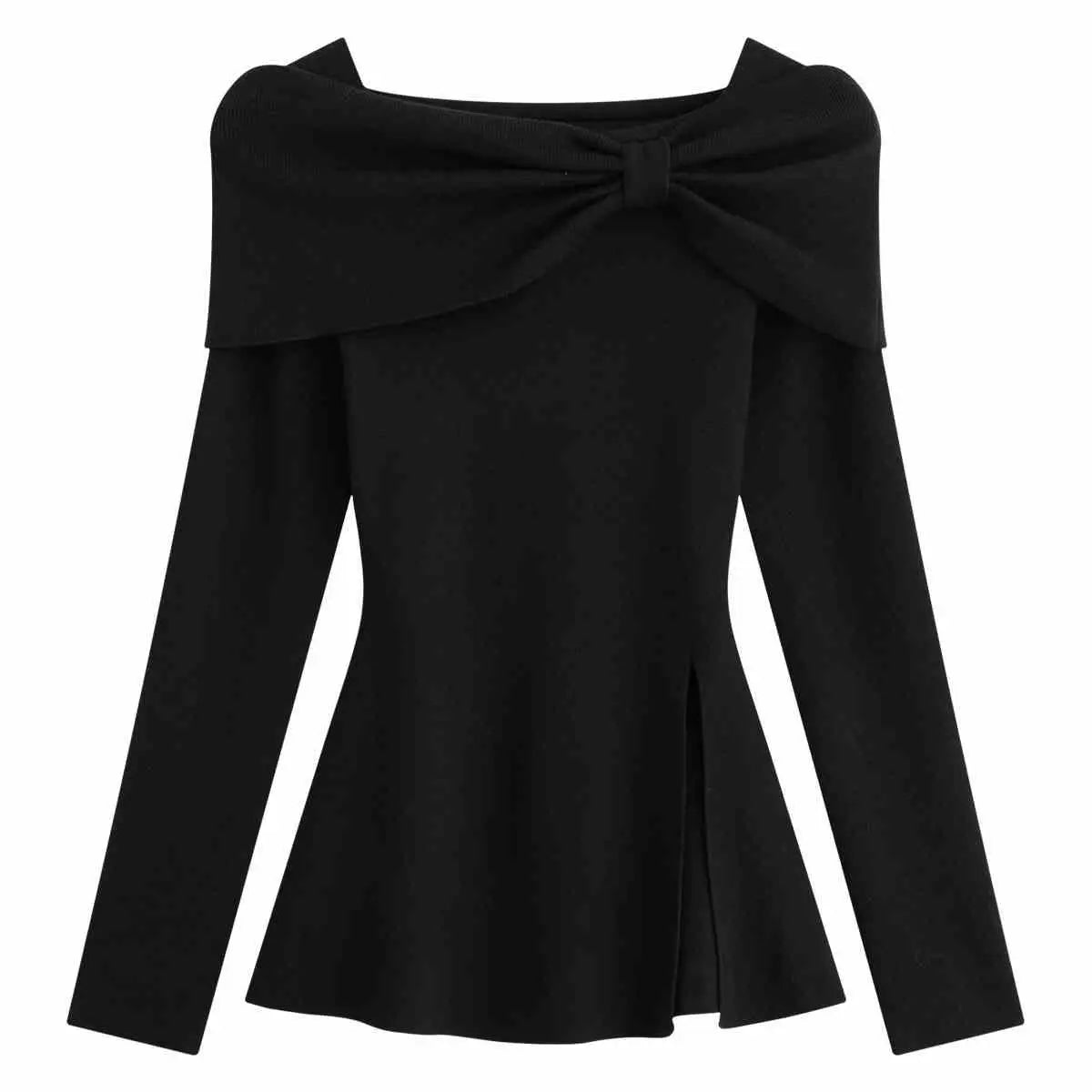 Autumn Winter Solid Slim Short Pullover Knitted Top Women Casual Long Sleeve Split Bow Sweater New Ladies Simplicity Streetwear