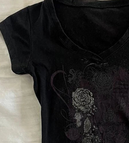 Y2k Aesthetic Flower Printing Women Grunge T-shirts Vintage Slim Harajuku Causal Black Tshirts 2025 Summer Bottoming Crop Tops