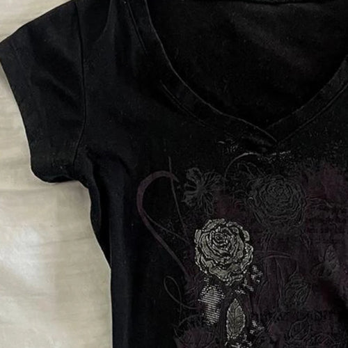 Load image into Gallery viewer, Y2k Aesthetic Flower Printing Women Grunge T-shirts Vintage Slim Harajuku Causal Black Tshirts 2025 Summer Bottoming Crop Tops
