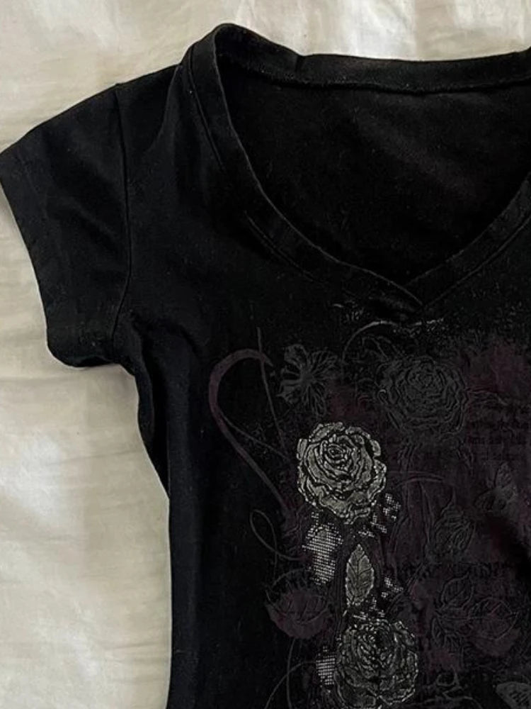 Y2k Aesthetic Flower Printing Women Grunge T-shirts Vintage Slim Harajuku Causal Black Tshirts 2025 Summer Bottoming Crop Tops