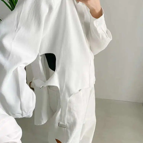 Load image into Gallery viewer, Women White Shoulder Padded Irregular Big Size Blouse New Lapel Long Sleeve Shirt Fashion Tide Spring Autumn 2025 1DF1466
