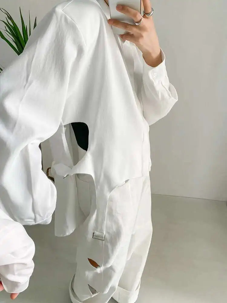 Women White Shoulder Padded Irregular Big Size Blouse New Lapel Long Sleeve Shirt Fashion Tide Spring Autumn 2025 1DF1466