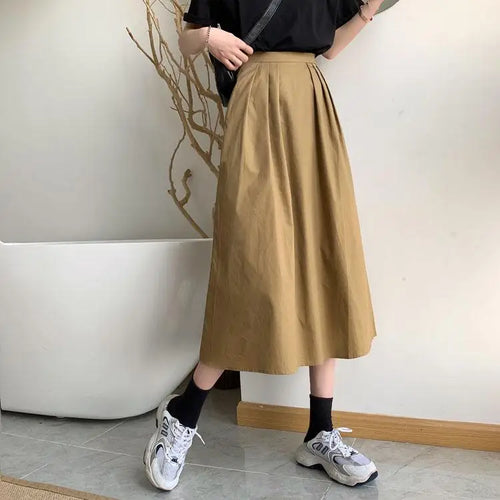 Load image into Gallery viewer, Spring Summer Women Solid Pockets Skirts Vintage High Waist Elastic Chic Long Cake A-line Versatile Mid Length Skirt For Student

