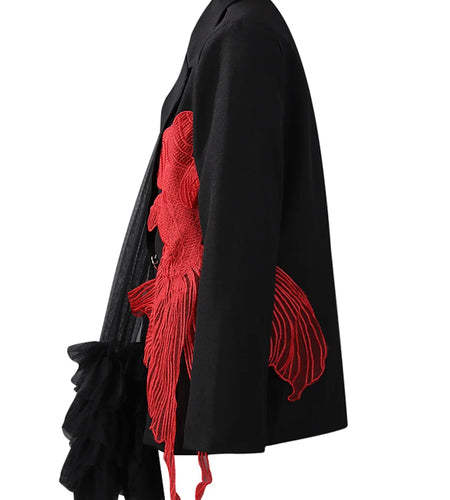 Women Black Mesh Irregular Fish Spliced Big Size Blazer New Lapel Long Sleeve Jacket Fashion Spring Autumn 2025 CPG2902
