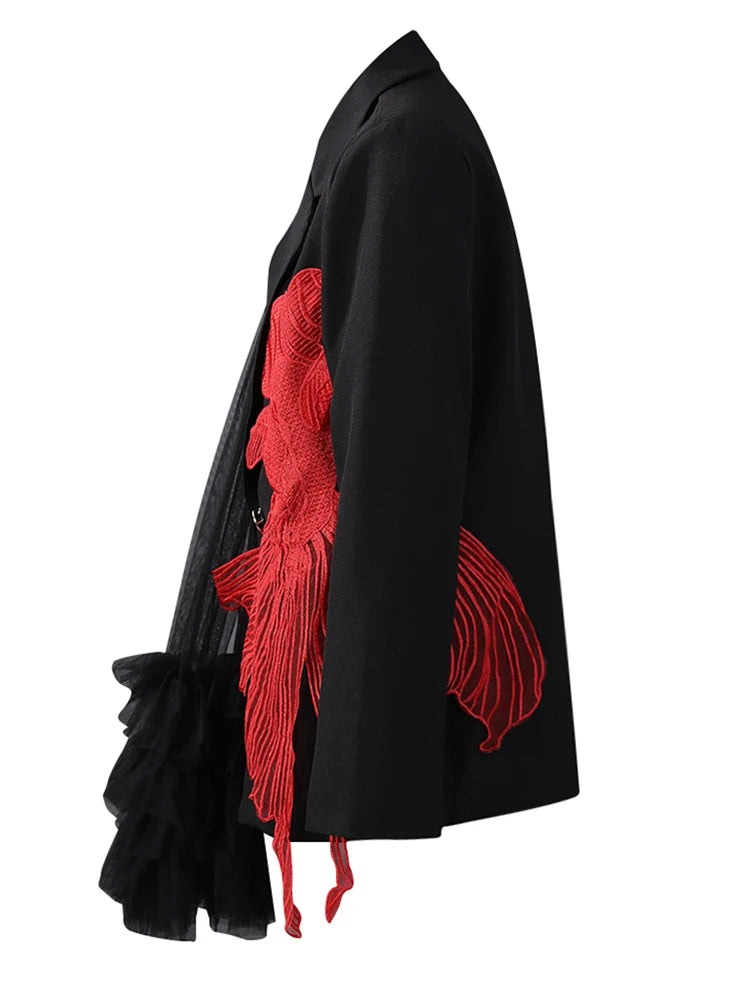 Women Black Mesh Irregular Fish Spliced Big Size Blazer New Lapel Long Sleeve Jacket Fashion Spring Autumn 2025 CPG2902