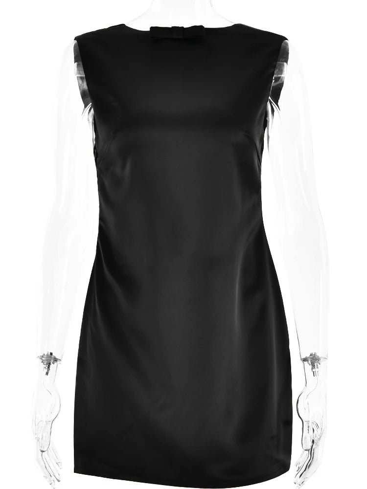 Fashion Sleeveless Satin Dress For Women Bodycon Open Back Bow Short Skirt Sexy Female Party Club Evening Dress Vestidos