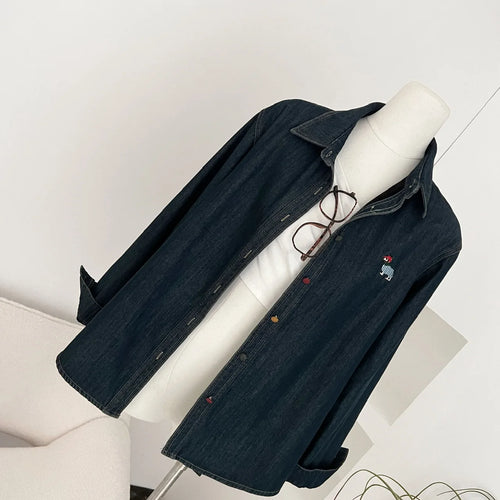 Load image into Gallery viewer, Korean Fashion Blue Velvet Embroidered Puppy Denim Shirt Women Long Sleeve Blouses Vintage Single Breasted Tops Autumn Winter
