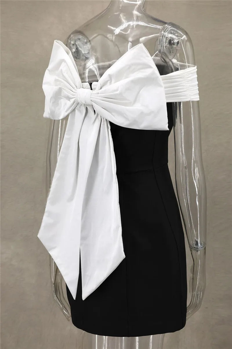 Bow Backless Sexy Mini Dress For Women Robe Elegant Off-shoulder Strapless Sleeveless A-line Club Sexy Dress Vestido