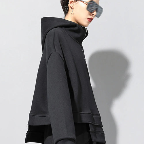 Load image into Gallery viewer, Black Irregular Hem Zipper Sweatshirt New Hooded Long Sleeve Women Big Size Fashion Tide Spring Autumn 2025 1DJ1788
