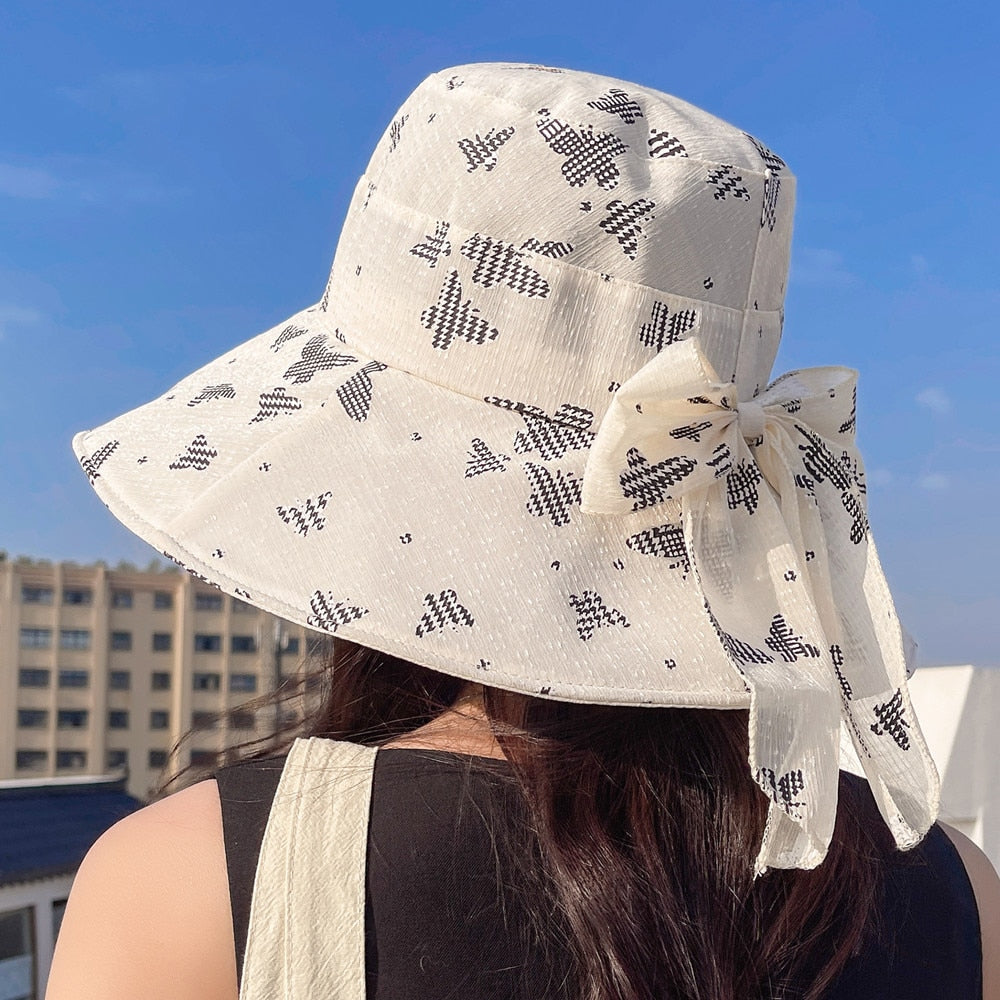 Women Summer Sun Hat Fashion Bow Butterfly Print Sun Cap Female Outdoor Sun Protection Travel Beach Bucket Hat