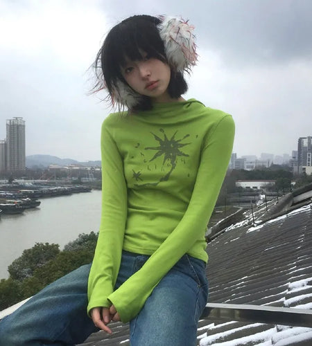 Japanese Y2k Hooded T-shirt Grunge Aesthetics Green Long Sleeve Tee Shirt Vintage Harajuku Hooded Tops 2000s Streetwear