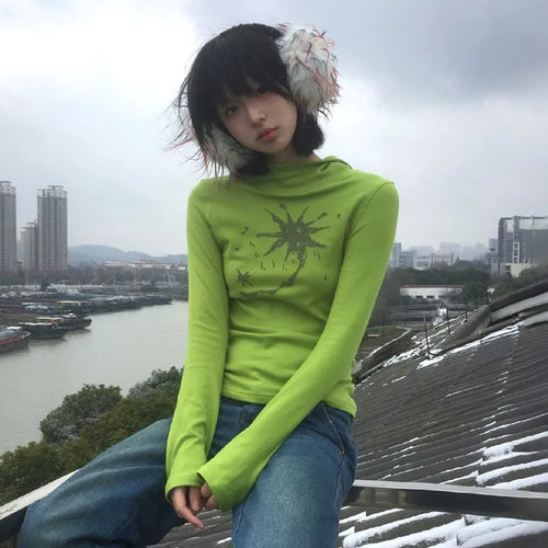 Japanese Y2k Hooded T-shirt Grunge Aesthetics Green Long Sleeve Tee Shirt Vintage Harajuku Hooded Tops 2000s Streetwear
