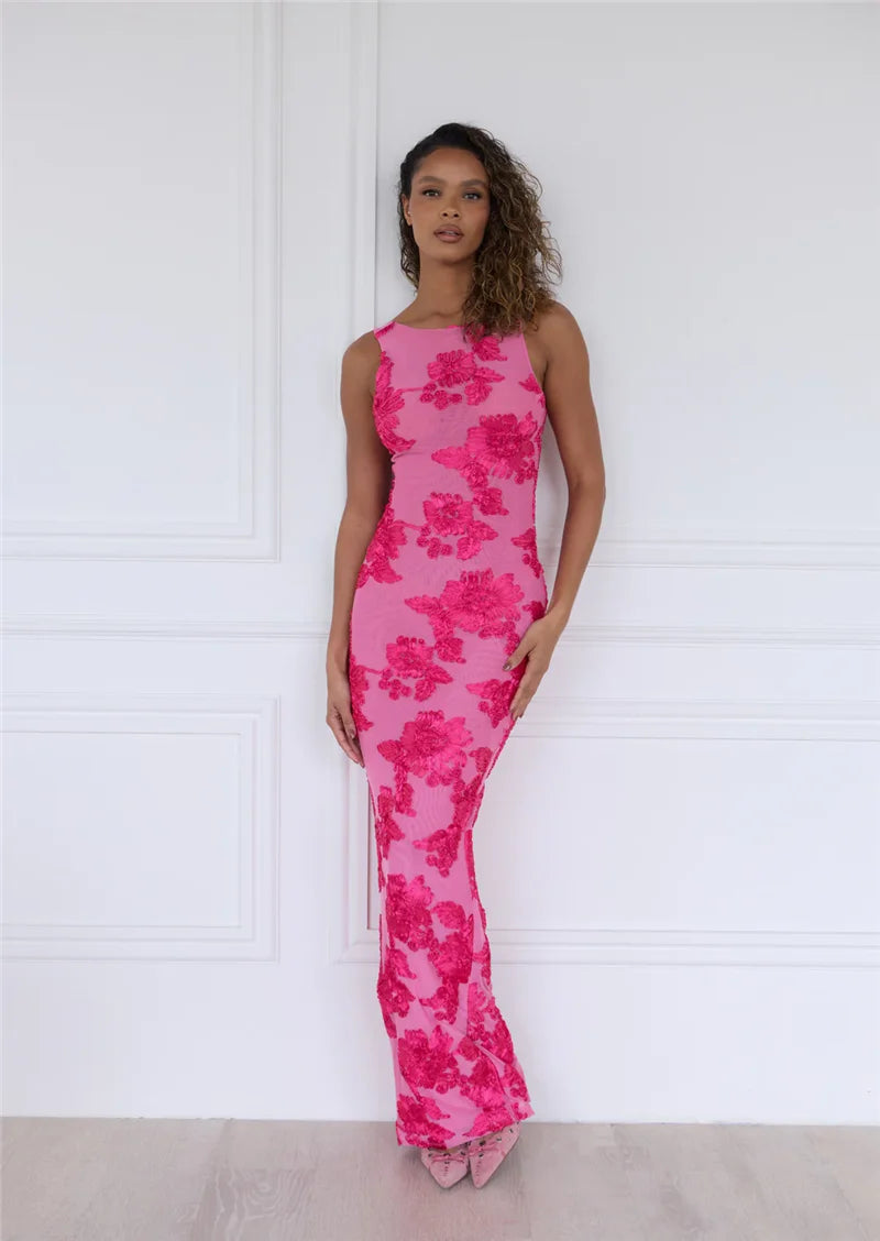 Elegant Floral Print Sexy Maxi Dress For Women Embroidered Applique Tank Dress Femme Bodycon Club Party Long Dress