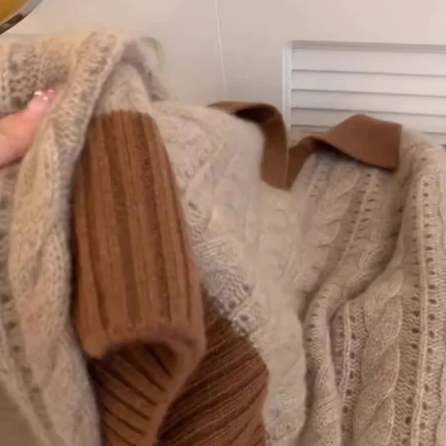 Autumn Winter Brown Patchwork Cotton Short Sweater Women Korean Elegent Long Sleeve Fashion Holiday Knitted Pullover Tops Trendy