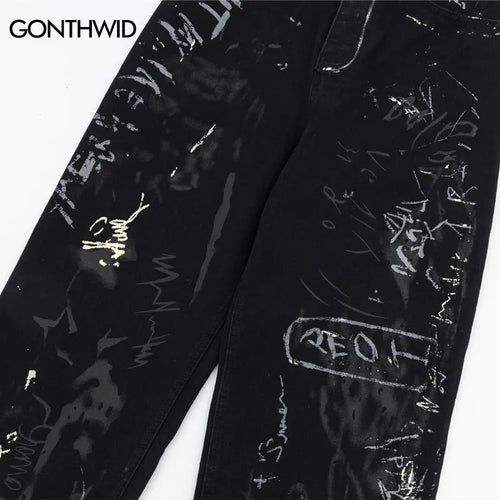 Load image into Gallery viewer, Hip Hop Black Jeans Y2K Men Graffiti Print Straight Wide Baggy Loose Denim Pants Streetwear 2023 Harajuku Fashion Punk Trousers

